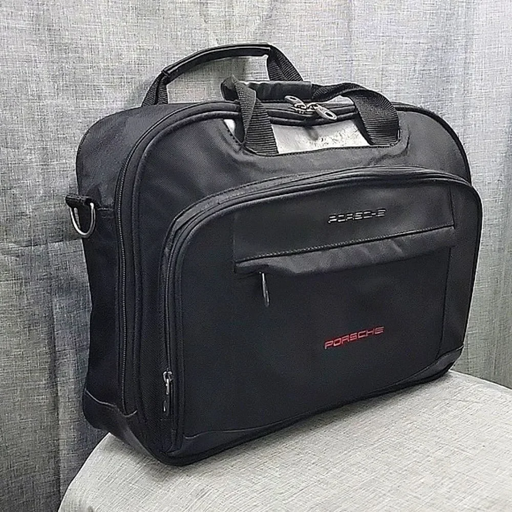 Porsche Rare Briefcase Office Sport Laptop Bag - Black Nylon, Leather Trim